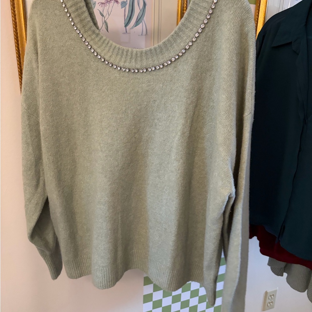 Express Sage Green Crewneck Sweater with Rhinestone Trim